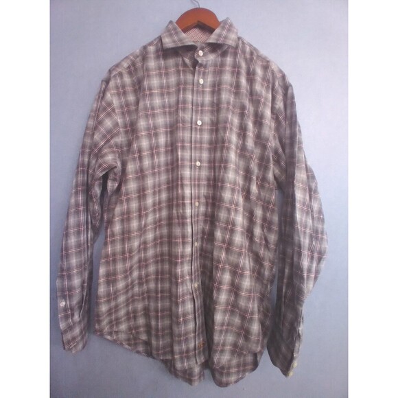 Classic Brown Plaid Button-Down Shirt Long Sleeve Casual Collared - Picture 1 of 4